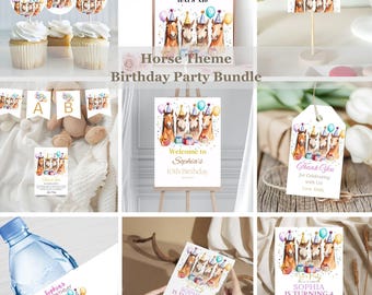 May include: Horse themed birthday party printable set with a welcome sign, cupcake toppers, favor tags, water bottle labels, and invitations. The design features watercolor illustrations of horses wearing party hats and holding gifts. The text on the sign reads "Welcome to Sophia's 10th Birthday". The text on the invitation reads "Sophia is turning 4".