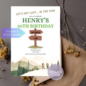 Modèle d'invitation à une fête de randonnée - invitation d'aventure en plein air modifiable - invitation à thème randonnée imprimable et mobile - personnaliser avec Canva