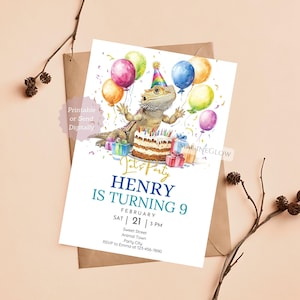 May include: A birthday party invitation featuring a cartoon bearded dragon wearing a party hat and holding balloons. The text reads "Let's Party Henry is turning 9, February 21, 3 PM, Sweet Street, Animal Town, Party City, RSVP to Emma at 123-456-7890".