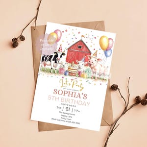Tiere auf dem Bauernhof Einladung Barnyard Party einladen Huhn Henne Hahn einladen Bauernhof Thema Kind-Geburtstags-Einladung süsse Kuh Schwein Lamm Evite
