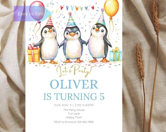 Könnte beinhalten: Eine Geburtstagseinladung mit Pinguin-Motiv. Drei Pinguine mit Partyhüten halten Geschenke und einen Ballon. Der Text lautet "Let's Party! Oliver is turning 5. Sun Nov 5 | 2:00-5:00PM The Party House Fun Lane Happy Town RSVP to Emma at 123-456-7890"
