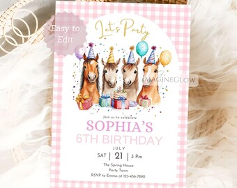 Invitación de cumpleaños de caballo: Tarjeta imprimible para fiesta de ponis ecuestres