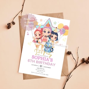 May include: A birthday party invitation featuring three cartoon girls holding balloons and a cake, with a blue cat. The invitation reads "Let's Party SOPHIA'S 6TH BIRTHDAY" with event details. The words "Printable or Send Digitally" are also present.