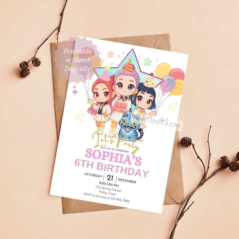 May include: A birthday party invitation featuring three cartoon girls holding balloons and a cake, with a blue cat. The invitation reads "Let's Party SOPHIA'S 6TH BIRTHDAY" with event details. The words "Printable or Send Digitally" are also present.