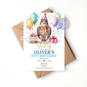 Falke-Geburtstags-Einladung Majestätischer Raubvogel Party laden Wildtier-Vogel-Geburtstagskarte-bearbeitbarer Vogel-Themen-Kind-Geburtstag einladen