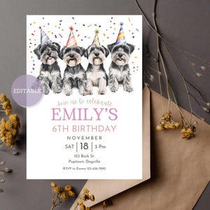 Bearbeitbare Zwergschnauzer-Hund-Geburtstags-Einladungsvorlage - Welpen-Party einladen - Lets Pawty Einladung - Mobile Einladung