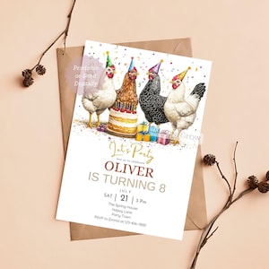 Invitation d'anniversaire de poulet, invitation de poule, invitation de fête d'animaux de la ferme, carte d'anniversaire de coq, invitation pour enfants sur le thème de la ferme, invitation de fête modifiable
