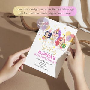 May include: A white birthday party invitation featuring cartoon characters, balloons, and the text "Let's Party Sophia's 6th Birthday." The invitation includes event details and RSVP information. The image also includes the text "Instant Download."