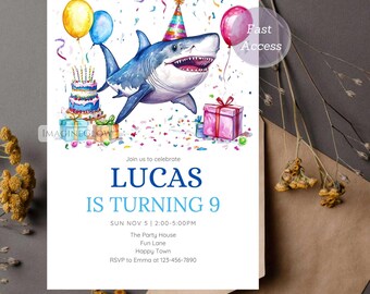 Modello di invito di compleanno a tema squalo: festa a tema oceano (invito stampabile)