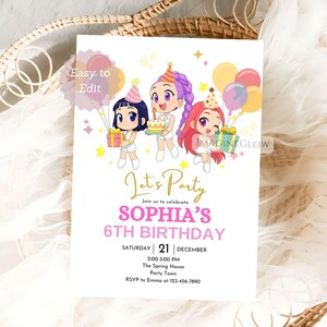 May include: A white birthday invitation card with the text "Let's Party" and "Sophia's 6th Birthday". The card features cartoon illustrations of three girls holding gifts, a cake, and balloons. The text "Easy to Edit" is in the upper left corner.