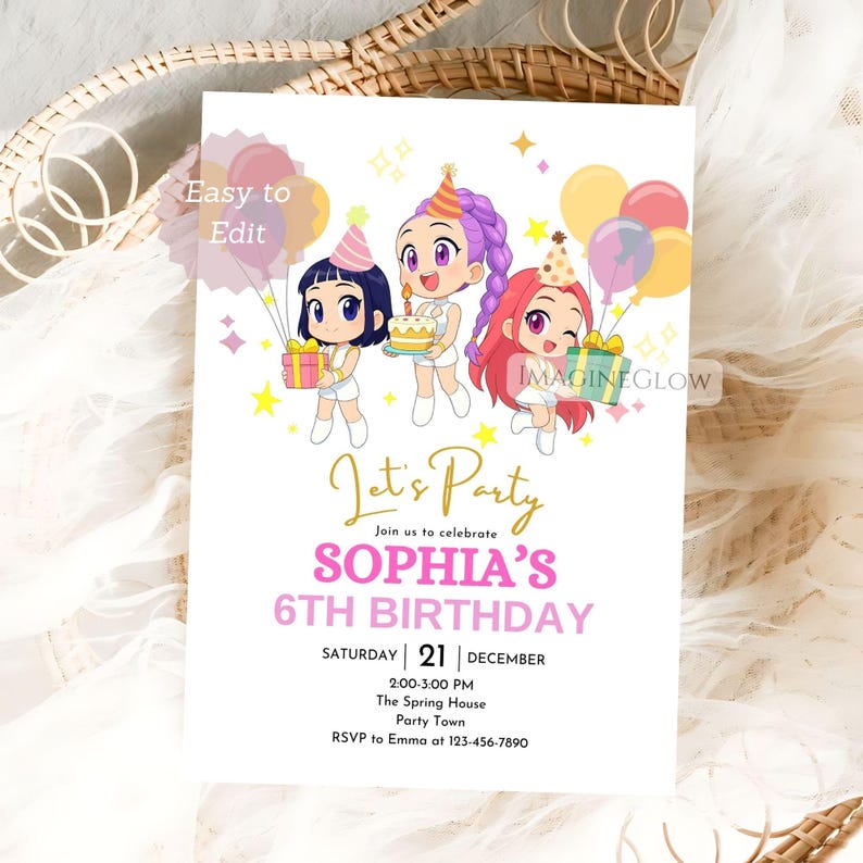 May include: A white birthday invitation card with the text "Let's Party" and "Sophia's 6th Birthday". The card features cartoon illustrations of three girls holding gifts, a cake, and balloons. The text "Easy to Edit" is in the upper left corner.