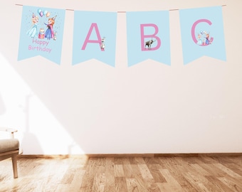 Bandierine di compleanno Frozen: striscione stampabile a tema principessa Elsa e Anna