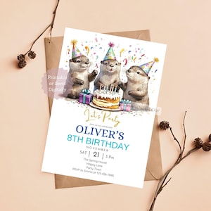 Invitación de cumpleaños de nutria: Fiesta de animales del río (Plantilla editable)