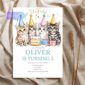 Faire-part de fête d'anniversaire chaton, thème chats mignons, faire-part de fête modifiable, cadeau personnalisable pour amoureux des chats, faire-part pour animal de compagnie, carte de célébration