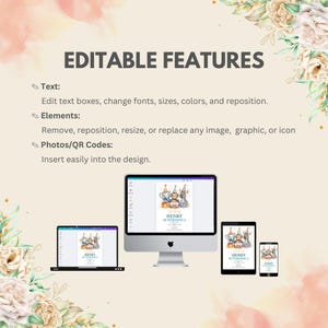 May include: An image showcasing editable features for a design, with text and elements that can be customized. The image displays a design on a laptop, desktop, tablet, and phone. The text reads "EDITABLE FEATURES".