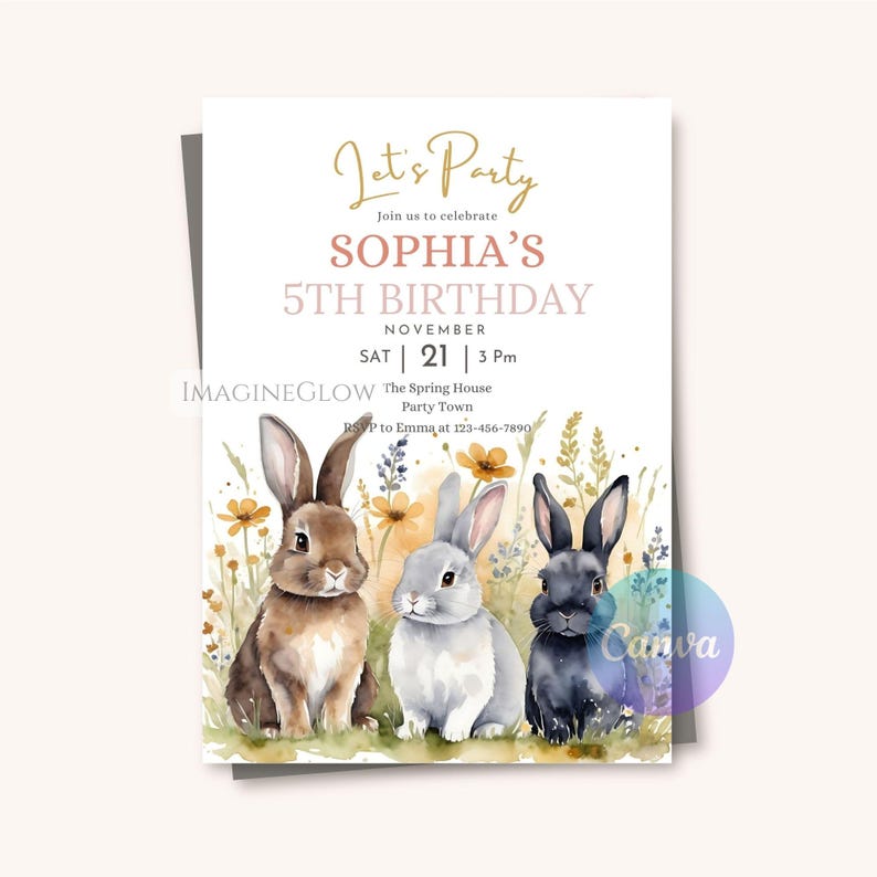 Bunny Birthday Invitation Editable Rabbit Wildflower Party Invite ...