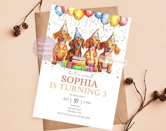 Peut inclure: Une invitation d'anniversaire avec quatre teckels portant des chapeaux de fête et tenant des cadeaux. L'invitation indique "Rejoignez-nous pour célébrer Sophia qui a 3 ans" avec la date et l'heure de la fête.