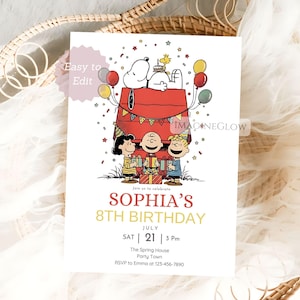 May include: A birthday invitation featuring Snoopy on top of his doghouse, with Charlie Brown, Lucy, and Linus holding gifts. The invitation reads "Sophia's 8th Birthday" with event details. The background is white.