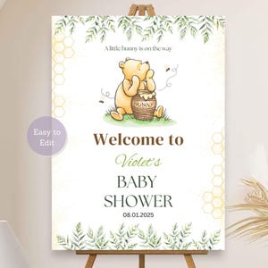 Cartello di benvenuto per baby shower di Winnie the Pooh, tema foresta, genere neutro, poster per baby shower con orso e miele, decorazione per baby shower nel bosco