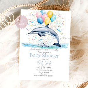 Dolphin Baby Shower Invitation Ocean Theme Party Invite with Balloons Cute Dolphin Nautical Baby Shower Mom and Baby Dolphin Evite