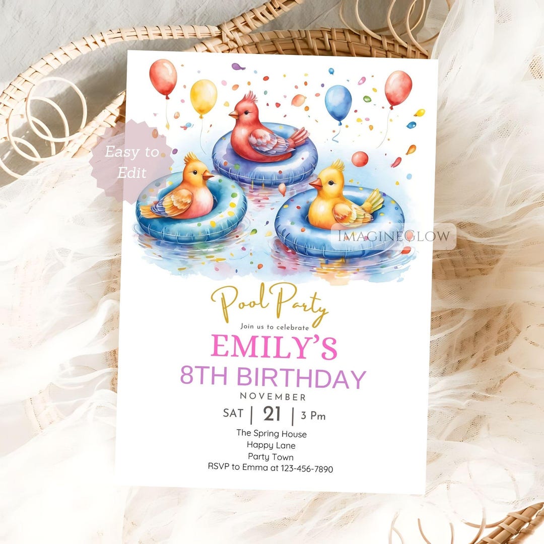 Bird Pool Party Birthday Invitation Fun Summer Tropical Beach Party ...