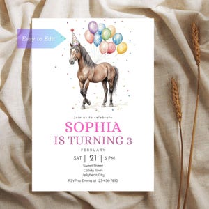 Faire-part d'anniversaire cheval avec ballons pour enfants Faire-part de fête Carte d'anniversaire sur le thème du cheval Célébration de cow-boy western cow-girl