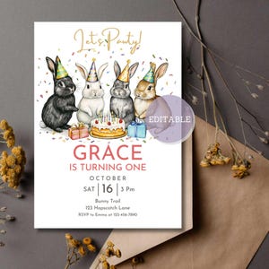 Modèle d'invitation d'anniversaire de lapin | Invitation imprimable | Faire-part mobile | Téléchargement numérique | Modifiable dans Canvas