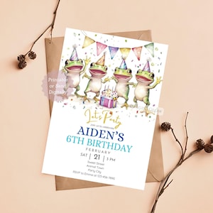 May include: A colourful birthday invitation featuring a frog theme. The invitation reads "Let's Party" and "Aiden's 6th Birthday". The date is Saturday 21st February at 3 PM. The address is Sweet Street, Animal Town, Party City. RSVP to Emma at 123-456-7890.