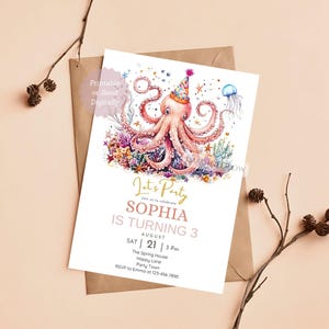 Convite de aniversário de polvo, convite para festa subaquática, tema oceano, convite infantil para aniversário, convite subaquático editável, convite para festa na piscina