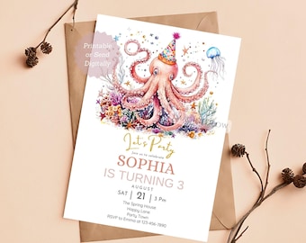 May include: Printable invitation for a 3rd birthday party featuring a pink octopus wearing a party hat and surrounded by coral and starfish. The text reads "Let's Party" and "Sophia is turning 3".