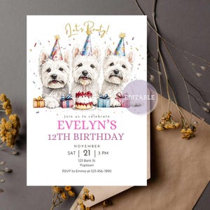 Invitation d'anniversaire West Highland White Terrier Carte de fête chien modifiable Invitation d'anniversaire Westie Modèle de fête personnalisé pour amoureux des chiens