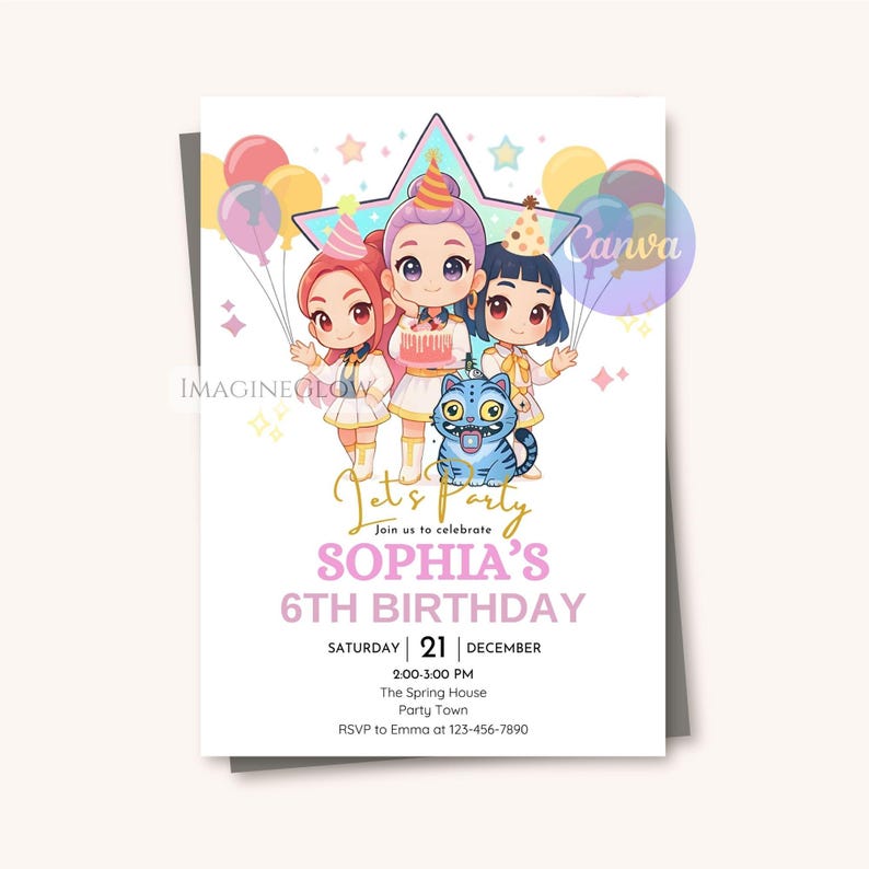May include: A birthday party invitation featuring three cartoon girls, balloons, and a blue cat. The invitation reads "Let's Party" and announces Sophia's 6th birthday on December 21st at The Spring House.