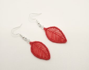 Embroidered Earrings | Red Leaf | Handcrafted Embroidery | Mini Hand Embroidered Jewelry | Clip On Earrings | Gift For her