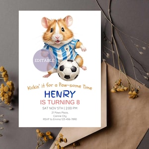 Convite de aniversário com tema de futebol para festa Hamster Convite para impressão Personalizável Download digital Convite editável Cartão divertido para festa de futebol