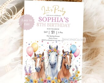 Invitación de cumpleaños de caballo con flores silvestres: Fiesta ecuestre, temática de ponis (Descarga digital)