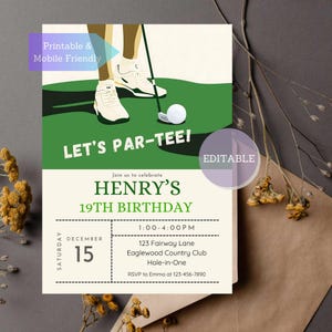 Golf Birthday Invitation Template - Golf Card - Printable Party Invites - Editable in Canva