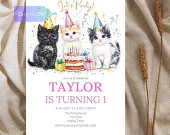 Kitty Cat Birthday Party Invitation Cute Cats Theme Editable Party Invite Customizable Cat Lover Gift Pet Invitation Celebration Card