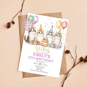 Cute Kitten Cat Birthday Invitation Cats with Balloons Birthday Party Invite Editable Cat Lover Gift Pet Invitation Meow Invite