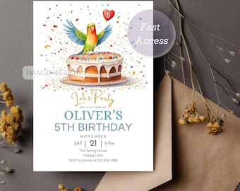 Invitación de cumpleaños para agapornis: Invitación imprimible para fiesta de aves tropicales a color