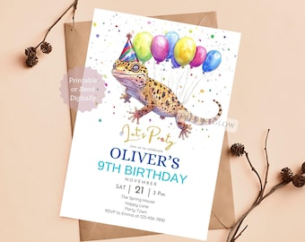 Könnte beinhalten: Eine Geburtstagseinladung mit einem Cartoon-Gecko, der einen Partyhut trägt und bunte Ballons hält. Die Einladung lautet "Let's Party" und "Oliver's 9th Birthday". Datum und Uhrzeit der Party sind mit "November 21 | 15:00 Uhr" angegeben. Der Ort ist "The Spring House, Happy Lane, Party Town". Die RSVP-Informationen lauten "RSVP an Emma unter 123-456-7890".