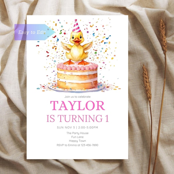 Cute Duckling Party Invite Birthday Invitation Duck Party Card Editable Birthday Card Mobile Duckling Birthday Invitation Girl Birthday