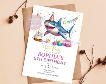 Invito di compleanno a tema squalo: festa sottomarina modificabile (modello 5x7 scaricabile digitalmente)