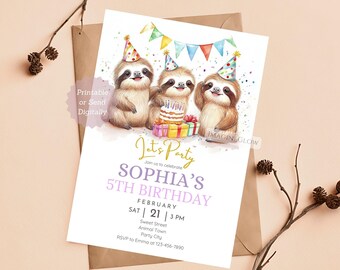 Sloth Birthday Invitation Cute Jungle Animal Party Invite for Kids Lazy Sloth Themed Birthday Card Editable Printable Jungle Celebration