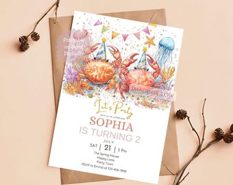 Invitación de cumpleaños de cangrejo: Fiesta submarina, editable (descarga digital)