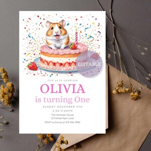 Invitation d'anniversaire de hamster, invitation de gâteau aux fraises, invitation de fête de hamster mignon, première carte d'anniversaire modifiable, hamster personnalisé Evite