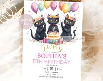 Black Kitten Birthday Invitation: Editable Cat Party Evite (5x7" Template) (Digital Download)