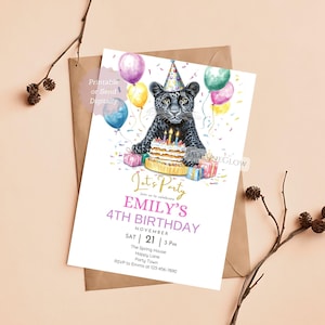 ブラックパンサーの誕生日招待状、ワイルドキャットパーティーの招待状、サファリジャングルの招待状、編集可能な野生動物のヒョウの誕生日ケーキの招待状、ジャガーの招待状