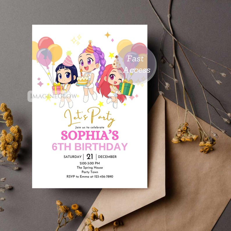 May include: A birthday party invitation with the text "Let's Party" and "Sophia's 6th Birthday." The invitation features cartoon illustrations of three girls holding gifts, balloons, and a cake. The date and time are also included.