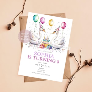 Schwan Geburtstagseinladung Elegantes Schwan-Thema-Party laden rosa Thema Kindergeburtstag-Karte ein Bearbeitbarer schöner Schwan laden Feier-Tier ein