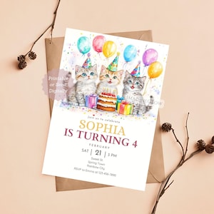 Invitation d'anniversaire chaton chat mignon chat avec ballons Invitation fête d'anniversaire carte cadeau modifiable pour amoureux des chats Invitation animal de compagnie carte de célébration